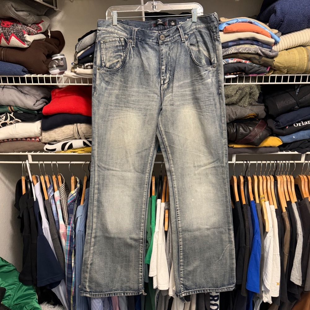 Marc Ecko Boot Cut Jeans Men's 36 Blue Cut & Sew Fit Distressed Baggy Y2K Denim